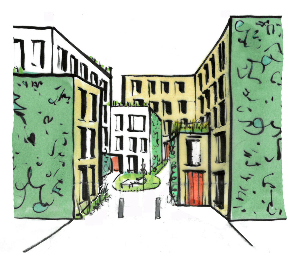 A drawing of some buildings with green walls.