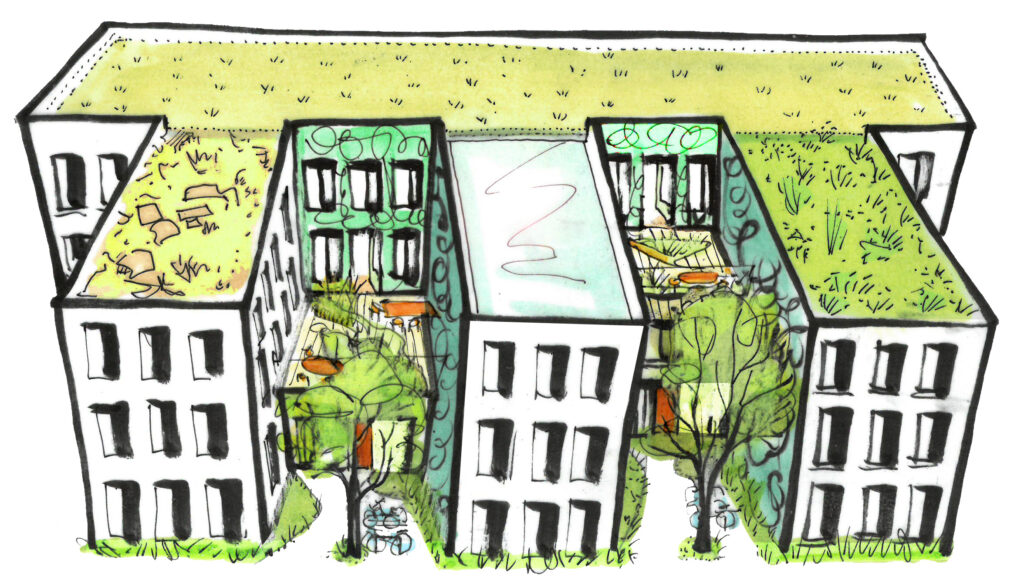 A drawing of some buildings with roof gardens