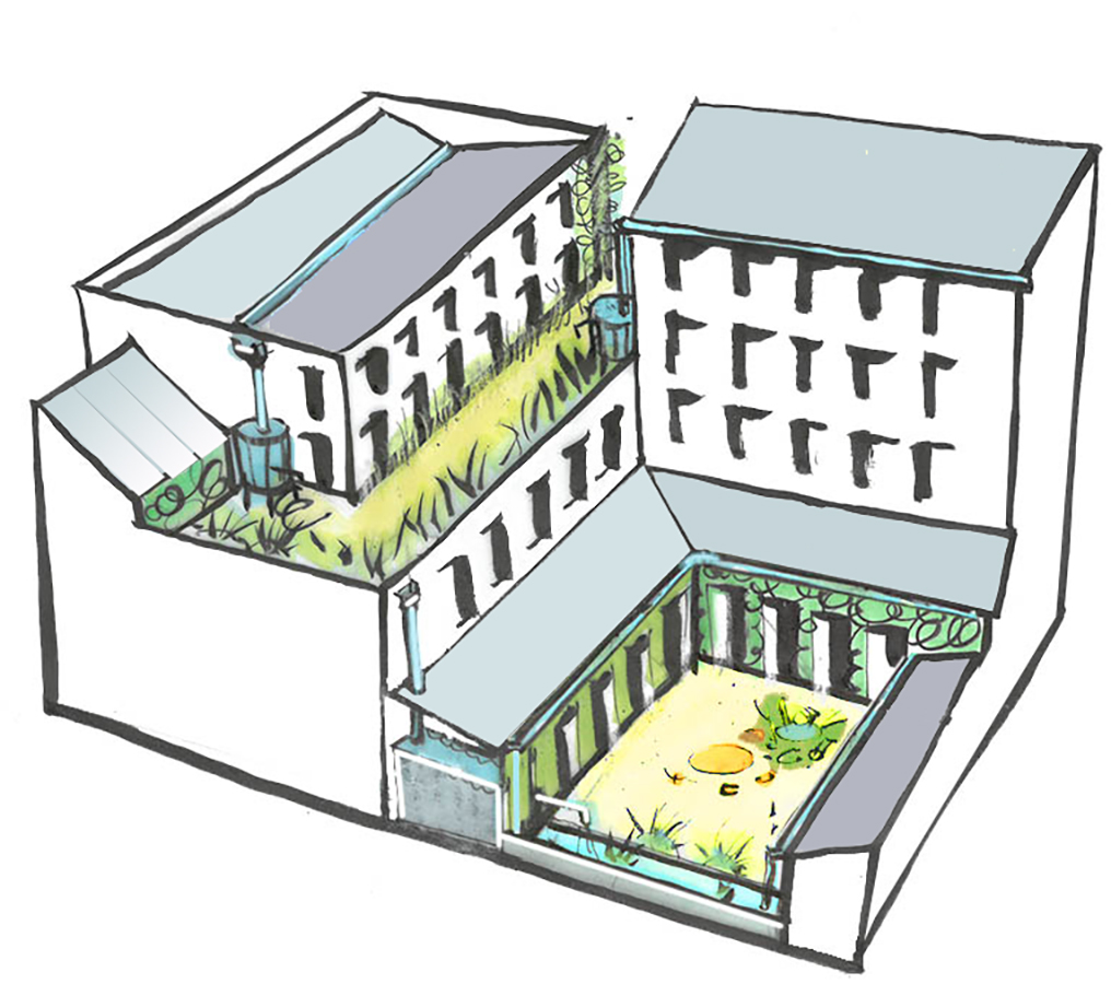 A drawing of a building with rainwater collection devices.