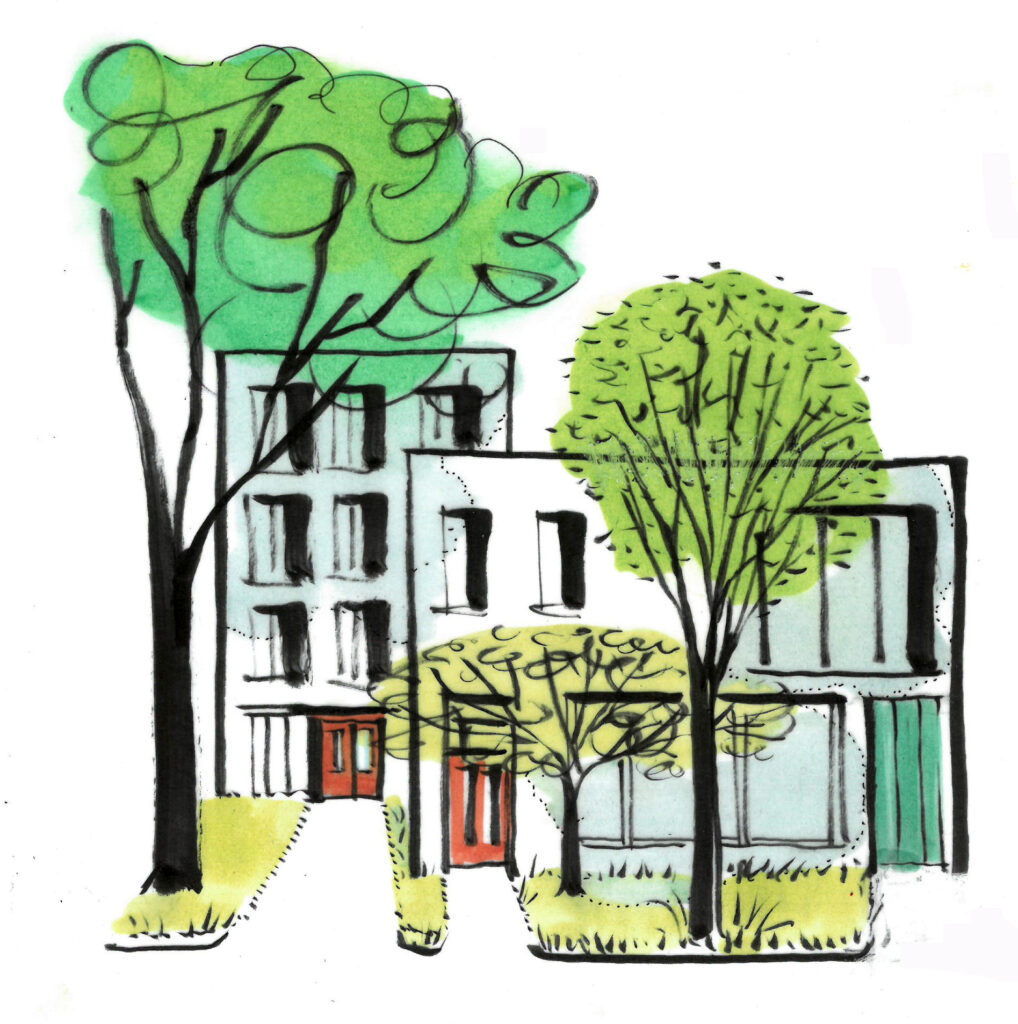 A drawing of some buildings with trees in front of them.