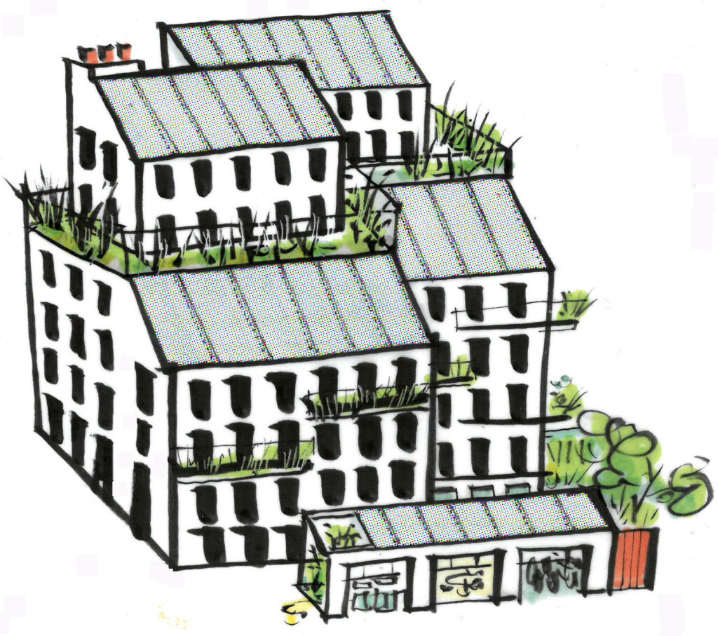 A drawing of a building with photovoltaic panels on its roof.