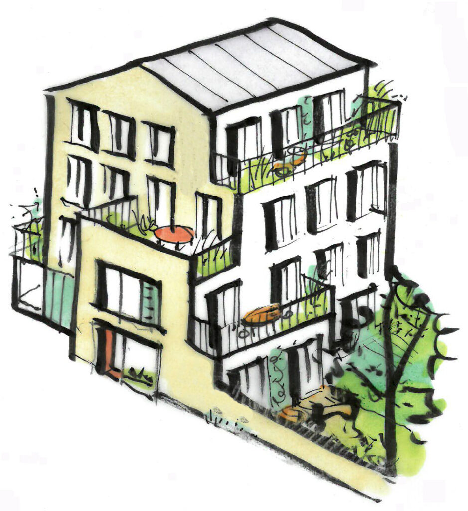 A drawing of a house with lots of terraces.