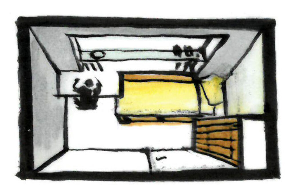 A drawing of a small bedroom.