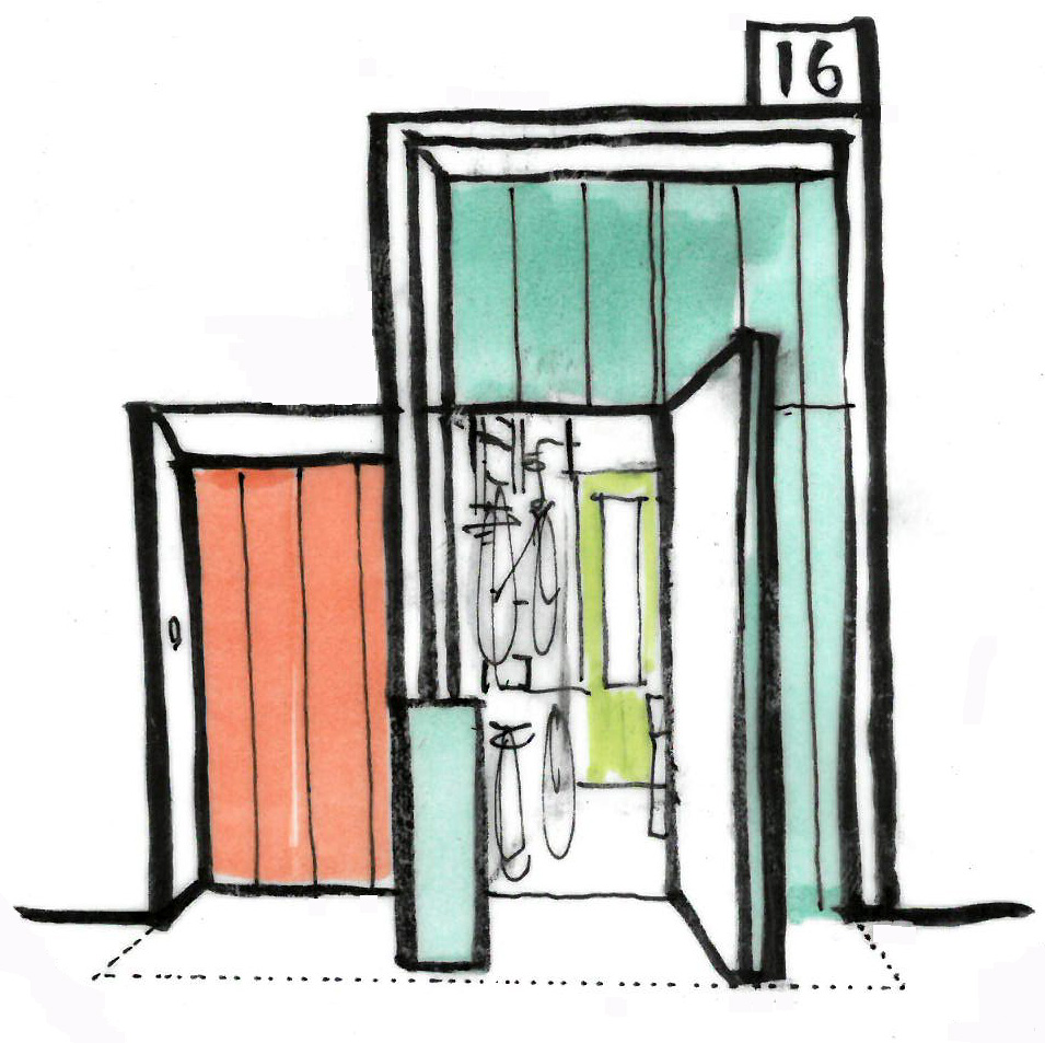 A drawing of a house with two entrances next to each other