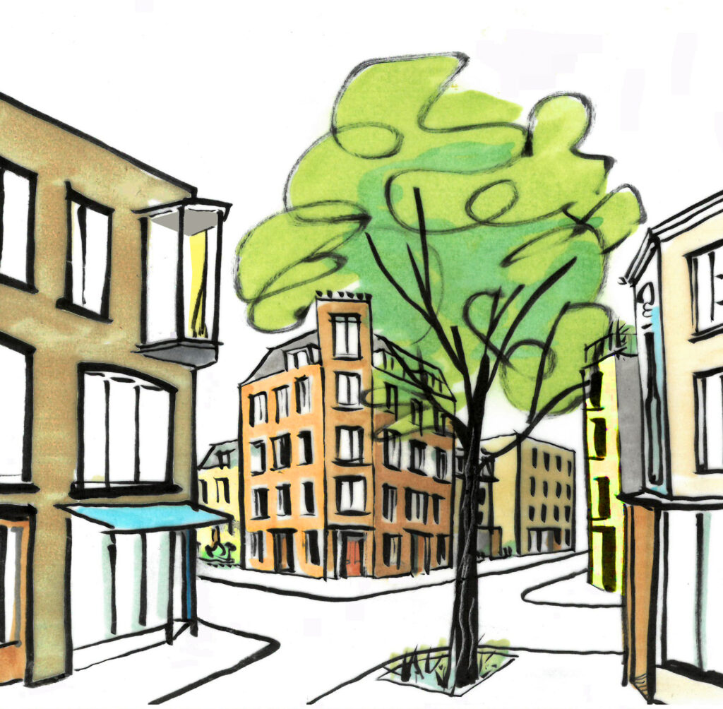 A drawing of a tree planted at a street corner.