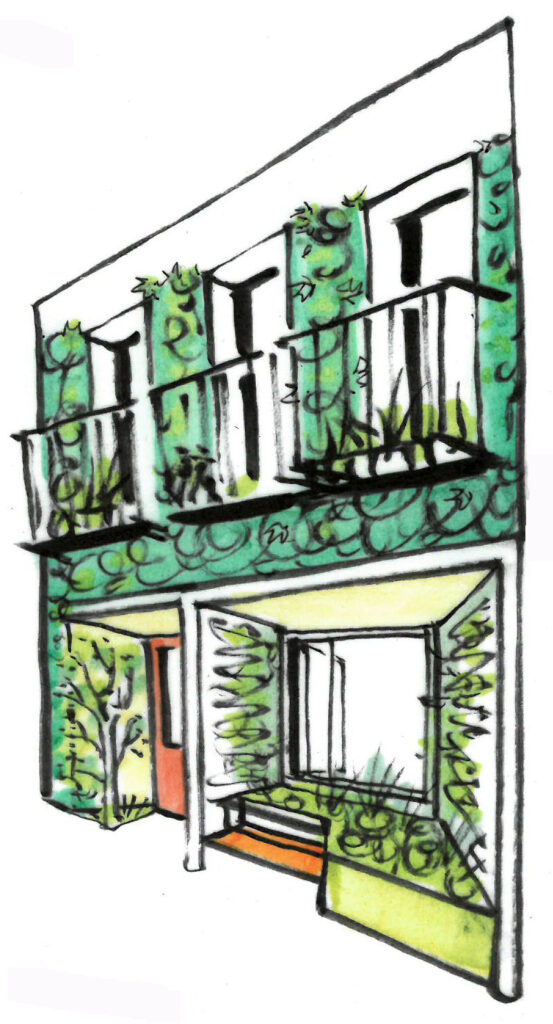 A drawing of a house with window boxes.