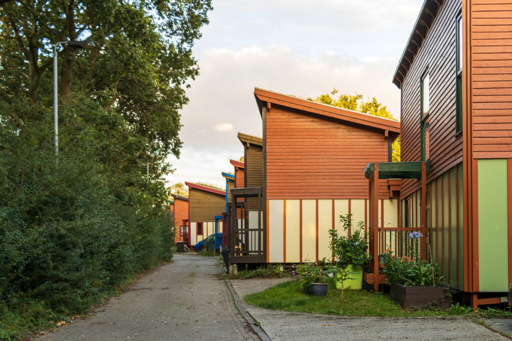A photograph of a street of blocky wooden houses.