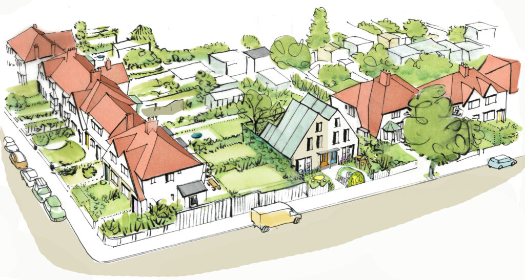 A drawing of a dense new build development on a semi-detached road.