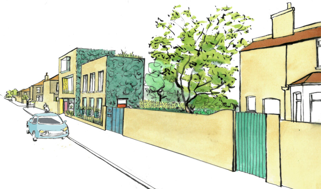 A drawing of a street featuring a building with green walls and trees in gardens.