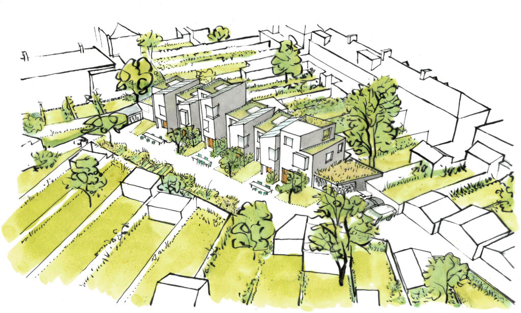A drawing showing a new development surrounded by gardens.
