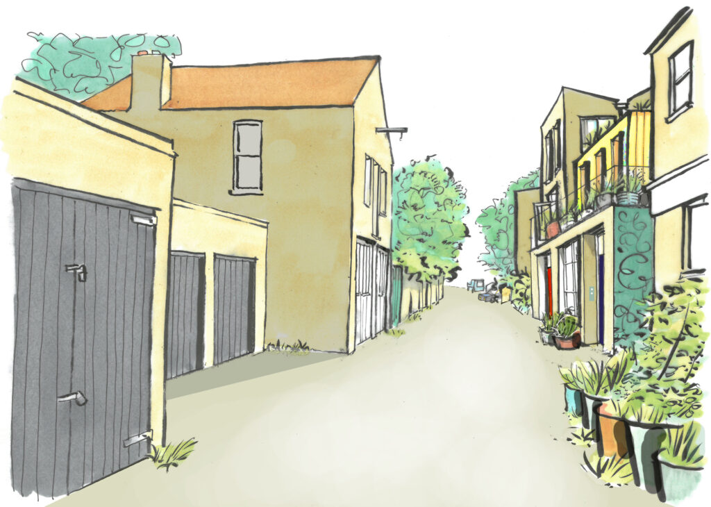 A drawing of a mews street with varied buildings.