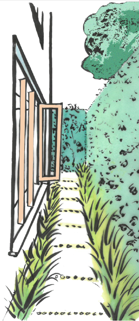 A drawing of a narrow garden bordered by hedge.