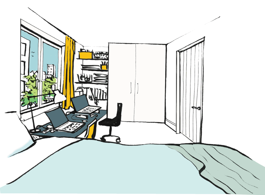 A drawing of a bedroom with a work from home setup on the desk.