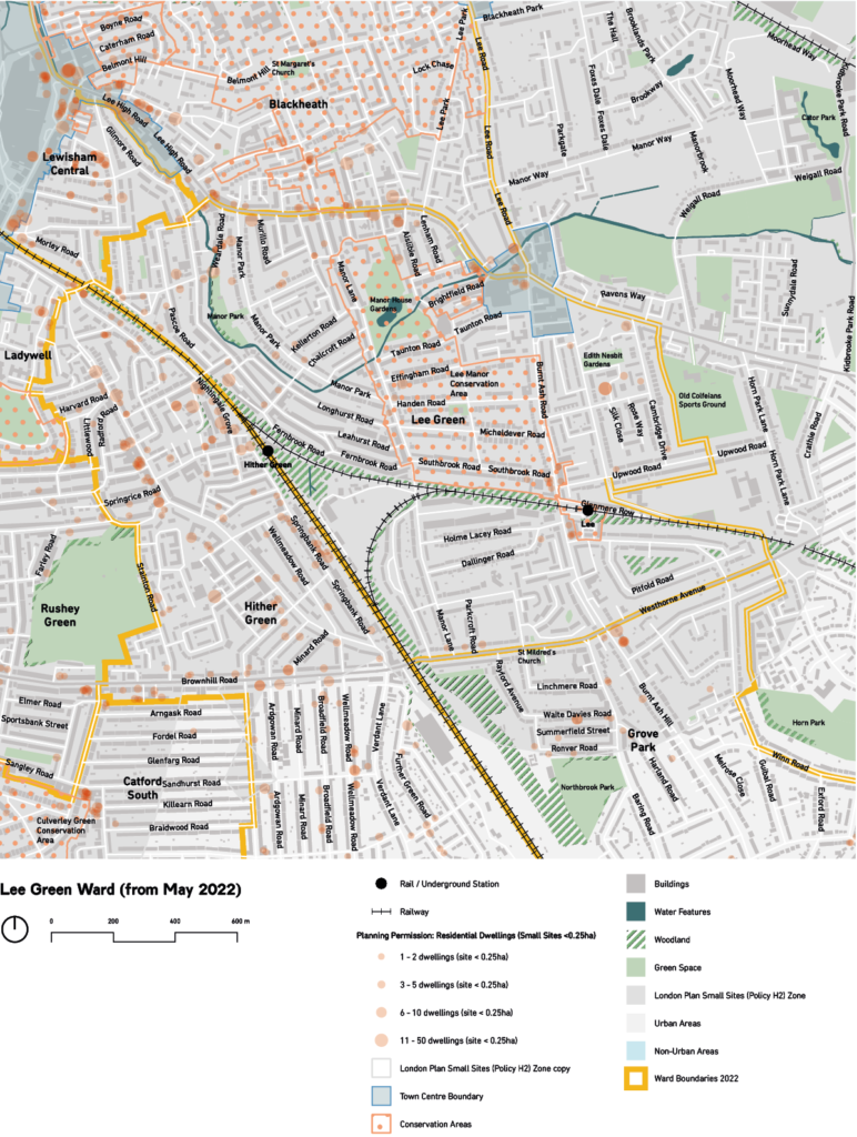 A map showing planning permissions and features of a lewisham ward.