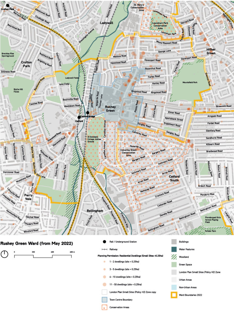 A map showing planning permissions and features of a lewisham ward.