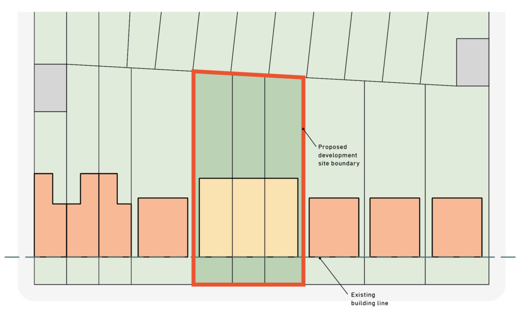 A diagram showing how a single plot can be replaced by three new dwellings.