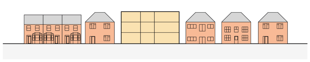A diagram showing a new building with a similar height to existing ones.
