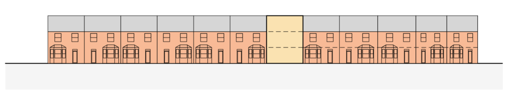 A diagram showing a new house in a terrace that's the same height as neighbouring houses.