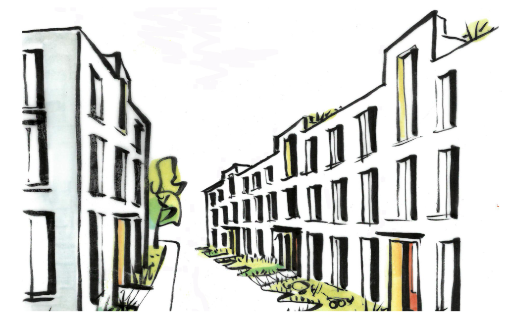 A drawing of a pleasant streetscape