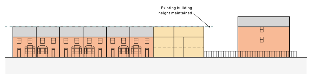 A diagram showing a new build at the end of a terrace that conforms to existing building height.