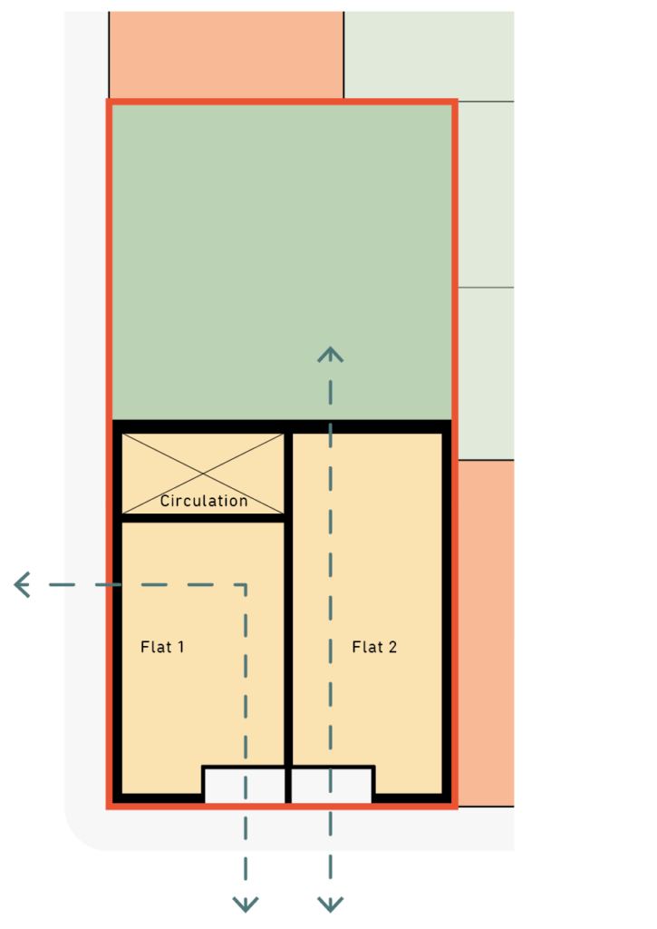 A diagram showing flats on the upper floor.