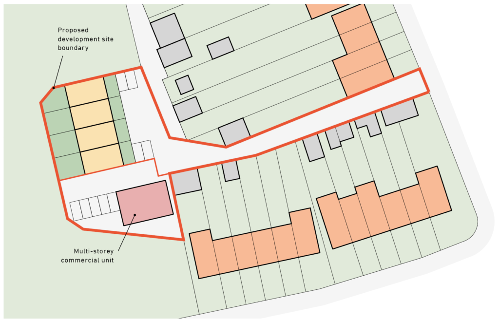 A diagram showing a  backland residential new build next to a commercial unit