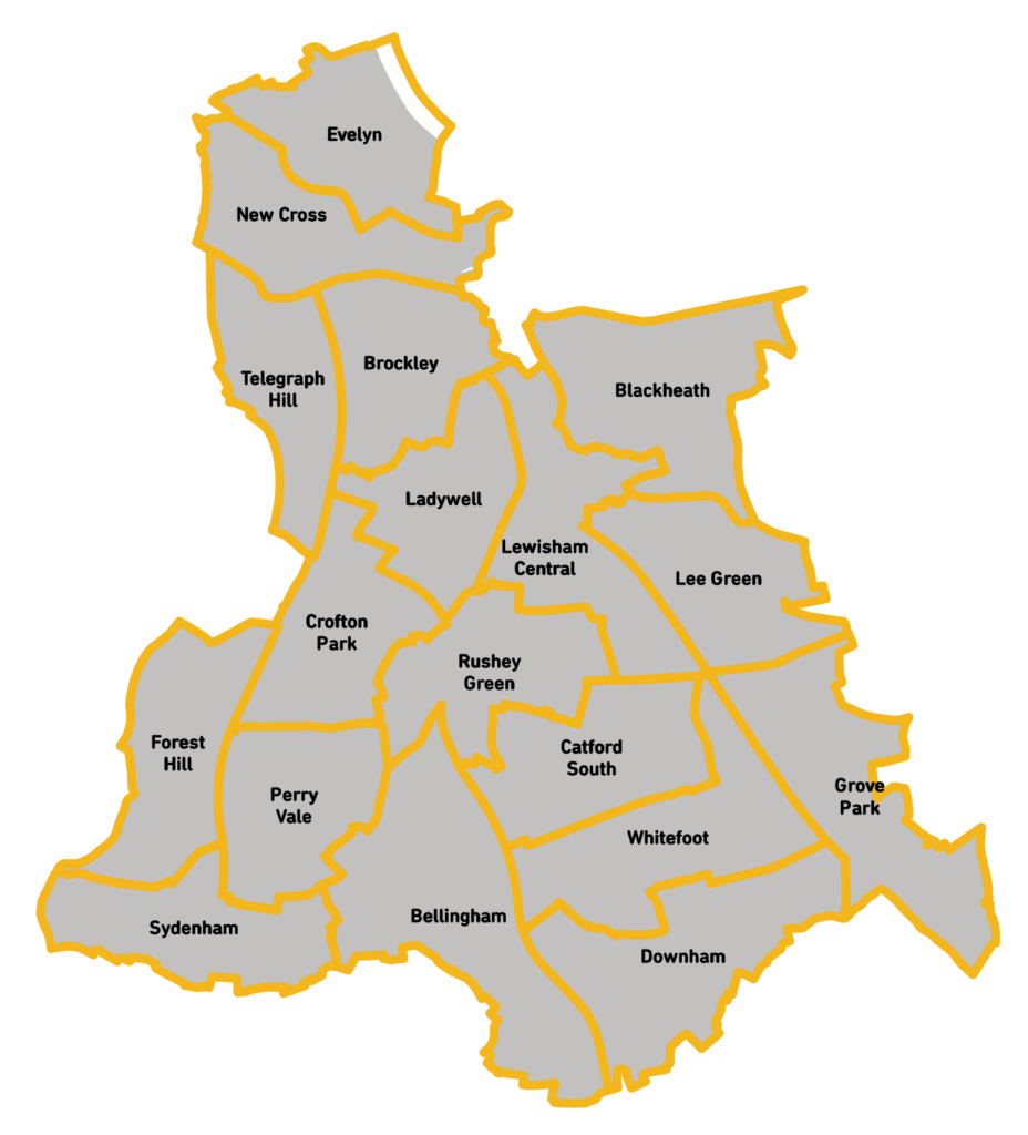 A map showing Lewisham's wards pre 2022.
